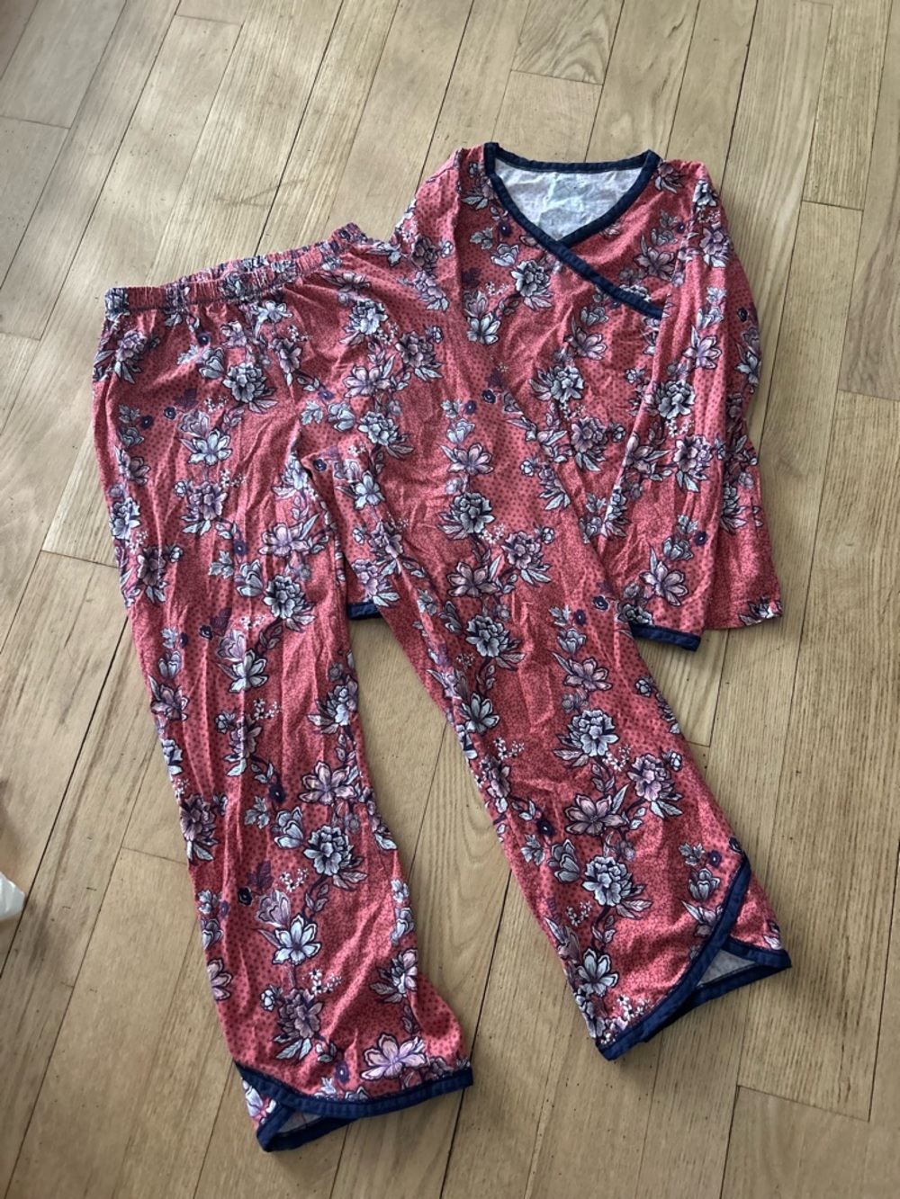 Garnet Hill Coral Pink Floral Asian Wrap Long-Sleeve Organic Cotton Pajama Set